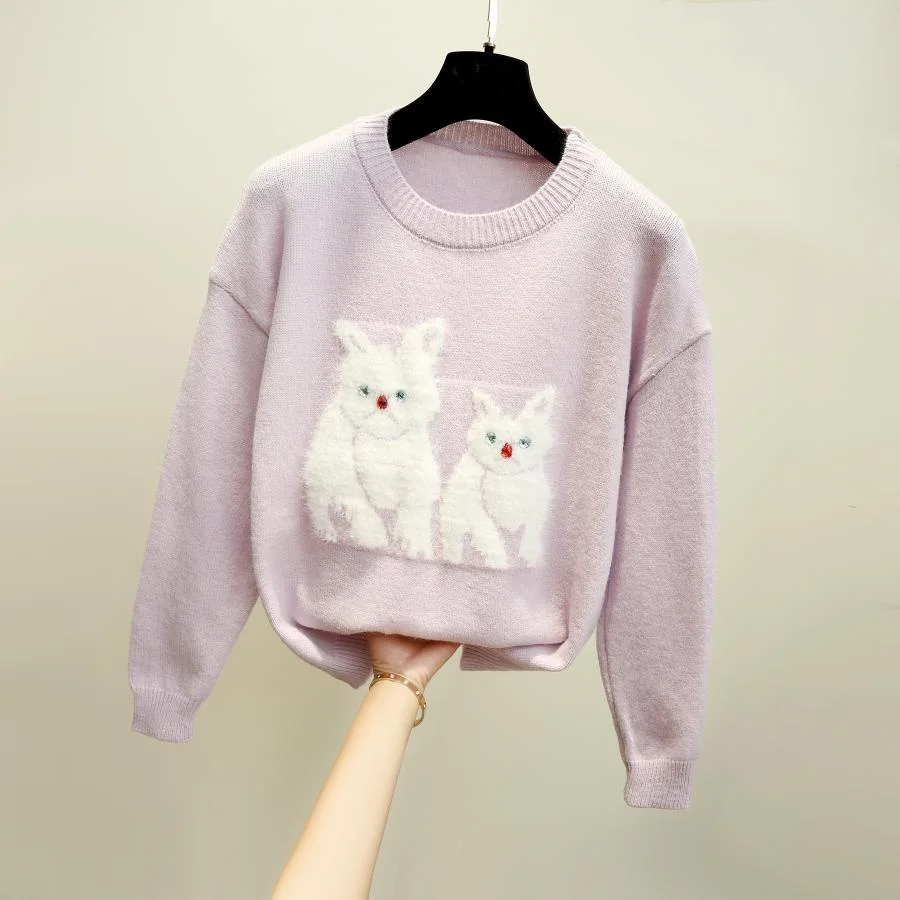 

Korean Style Women Jacquard Knit Fluffy Cats Kawaii Sweaters Autumn Winter Round Neck Knitted Pullover Sweaters Ladies Jumpers