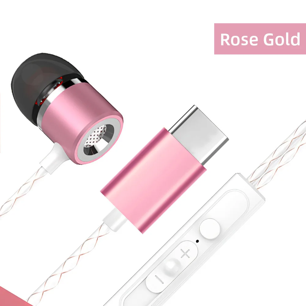 Rose Gold Проводные наушники типа C, сабвуфер, металлический Универсальный микрофон, регулируемый звук, спортивная игра, наушники для телефона huawei P20 Pro - Цвет: Rose Gold