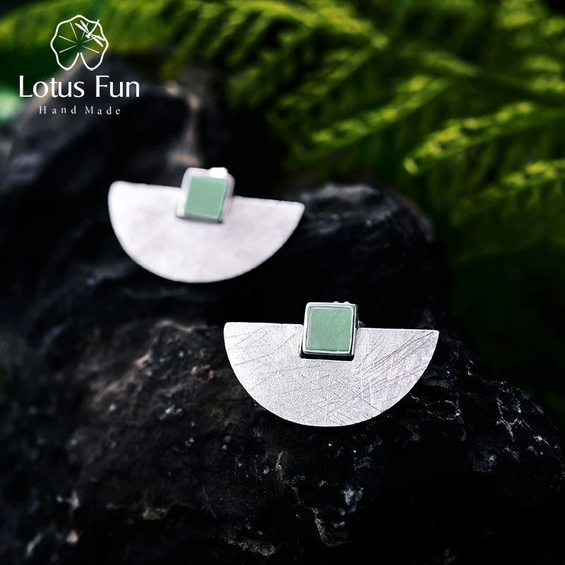 

Lotus Fun 925 Sterling Silver Geometric Semi Round Stud Earring for Women Green Natural Stone Square Earings 2020 Luxury Jewelry