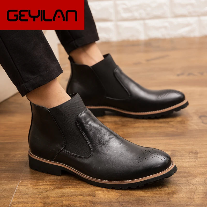 

Men's Chelsea Boots genuine Leather Casual Shoes brogue Male British Style Slip-on Wedding party Dress Short Boot For Man a4