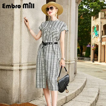 

Silk Plaid Single-Breasted Dress Female Autumn New Street Style High Waist Mid-Length Silk Shirt Print A-line Dress S-XL