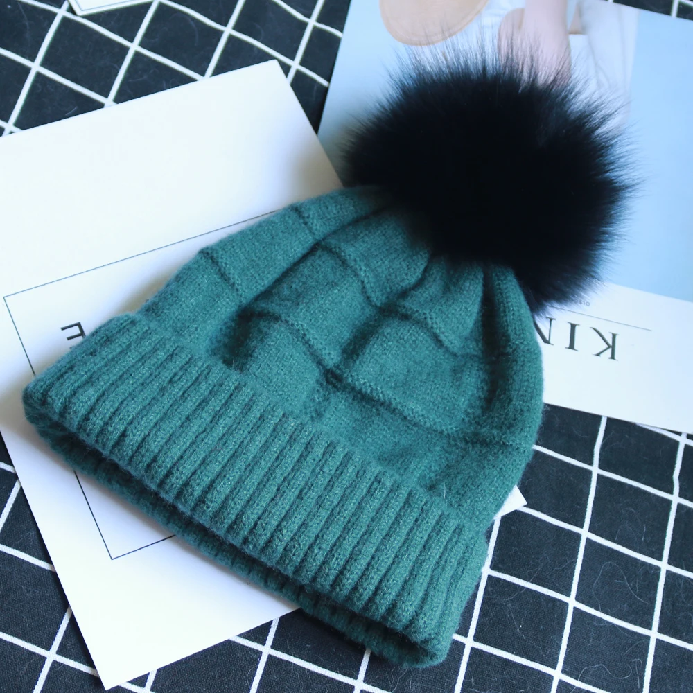 Зимняя винтажная вязаная женская шапка Skullies, однотонная женская бини, шапки с настоящим помпон из лисьего меха Gorro; теплый лыжный головной убор для девочек, новинка года