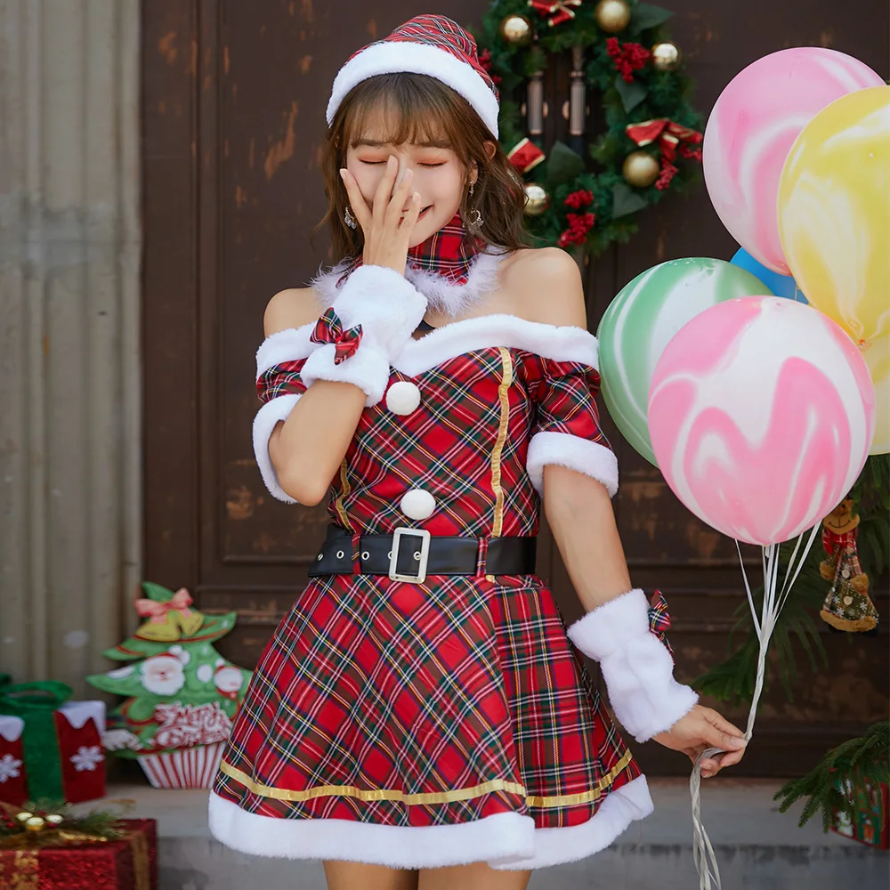 

1set Women Christmas Lovely Cosplay Red Check Dresses Ladies Lovely Xmas Costumes Sets Girls New Year Sweet Dresses