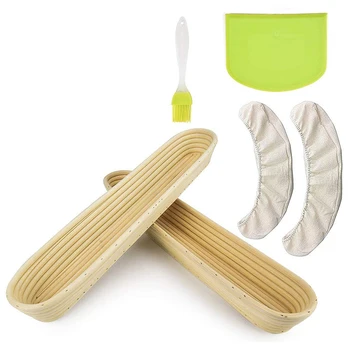 

AFBC 2 Pack of Oval Bread Proofing Basket Baguette Baking Bowl Set with Dough Scraper Linen Liner Cloth Silicone Brush for Profe