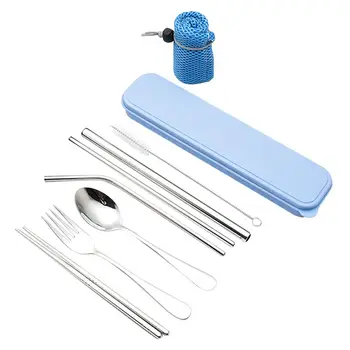

Straw Cutlery Suit 304 Stainless Steel Portable Recyclable Spoon Chopsticks Straw 7 Pieces Set for Restaurant Hotel Family Trave