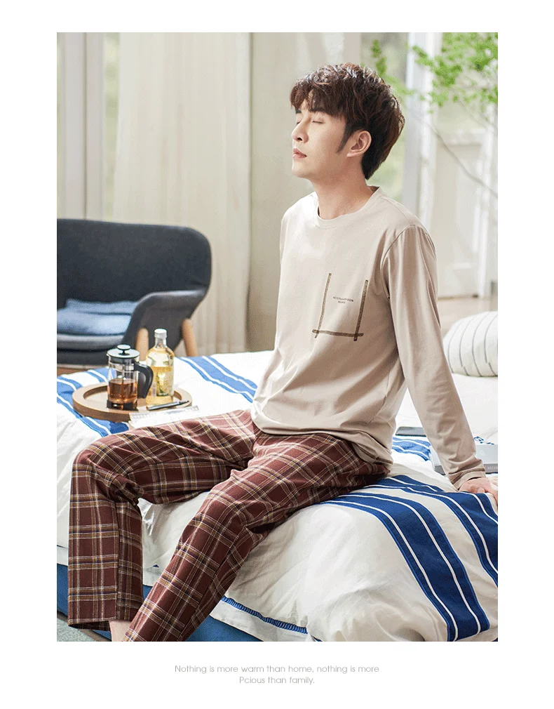 mens silk pajama set Autumn Fashion Men's Pajamas Sets 100% Cotton Male Sleepwear Pullover Home Lounge Nightwear Plus Size XXXL O-Neck Casual Pyjamas men's pajama sets