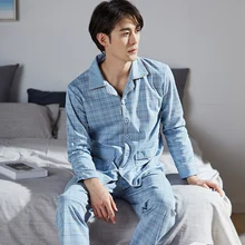 

Winter Men Pajamas 100% Cotton 2 Pieces Fashion Sleepwear Pijama Man's Warm Bedgown Home Clothes PJ Plaid Pure Cotton Pajamas