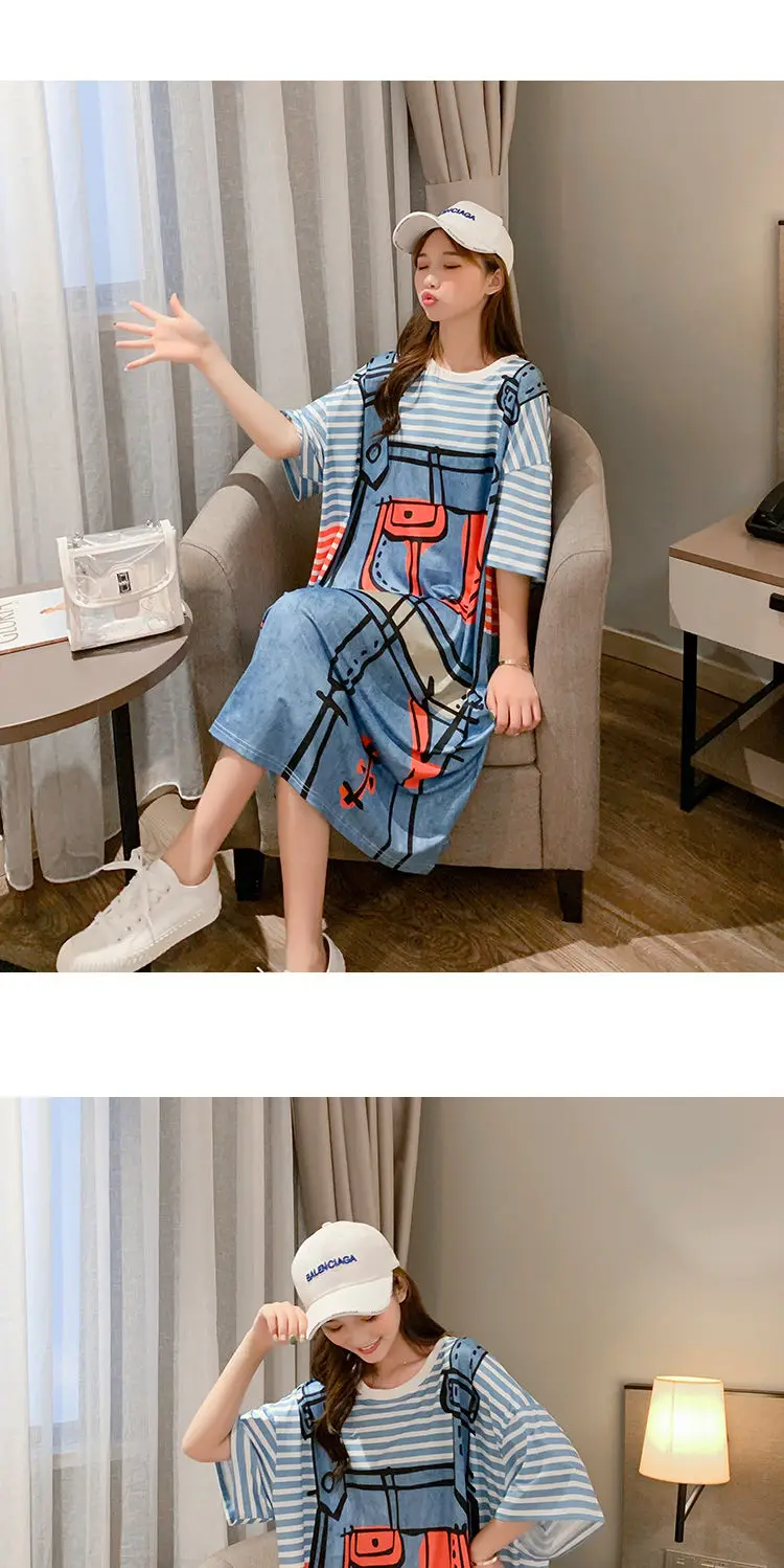 Dress Women Striped Cartoon Printed Oversize Hot Selling Long Dresses Graphic Ulzzang Female Lovely Chic Streetwear Popular Maxi