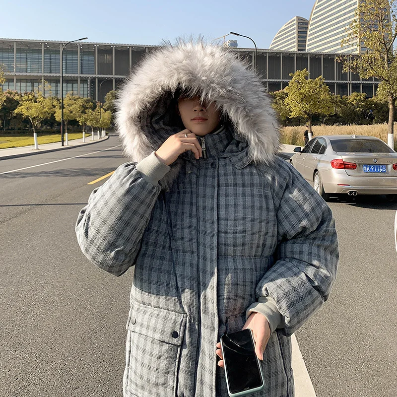 Зима тренд мужской плед Толстый свободный пара с капюшоном большой меховой воротник Повседневная Студенческая хлопок хлеб - Цвет: gray blue