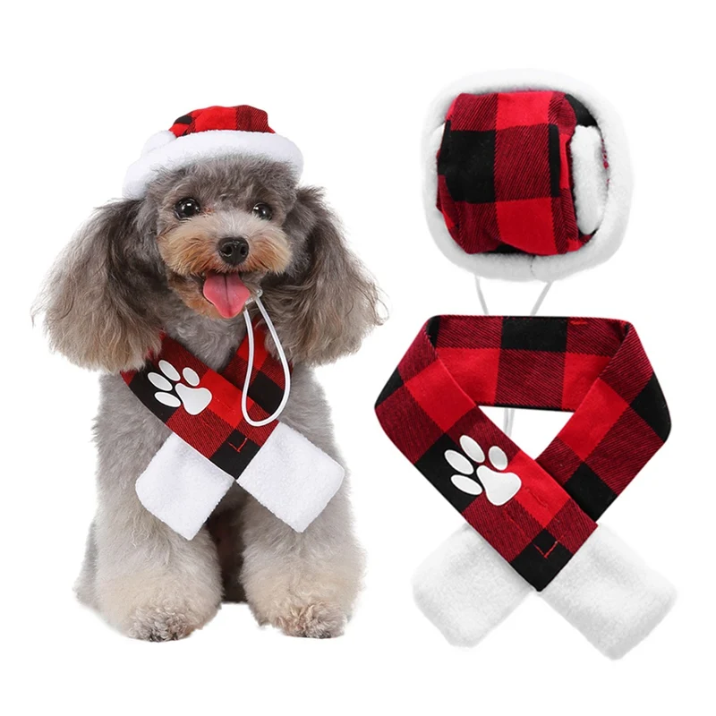 Комплект зимней шапки и шарфа для домашних животных, красный и черный клетчатый Праздничный и праздничный костюм для маленьких собак АА хит