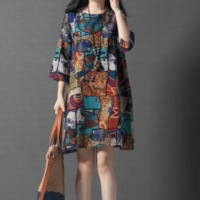 

2018 Early Autumn New Style Retro Loose Cotton Linen Large Size Dress Comfortable Crew Neck Short Three-quarter-length Sleeve Dr