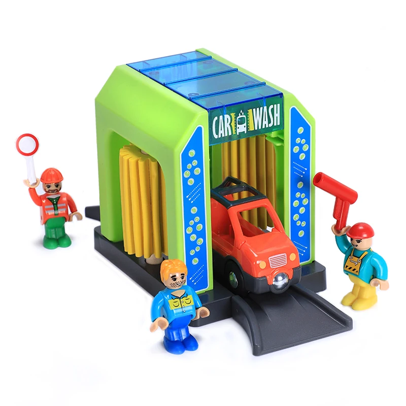 Rail car toy car wash rail car set train scene children fire station police station simulation toy compatible with wooden track 5