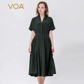 

VOA dark green short sleeve curling long Lapel with sleeve and single row button stitching pleated large swing silk dressA10295