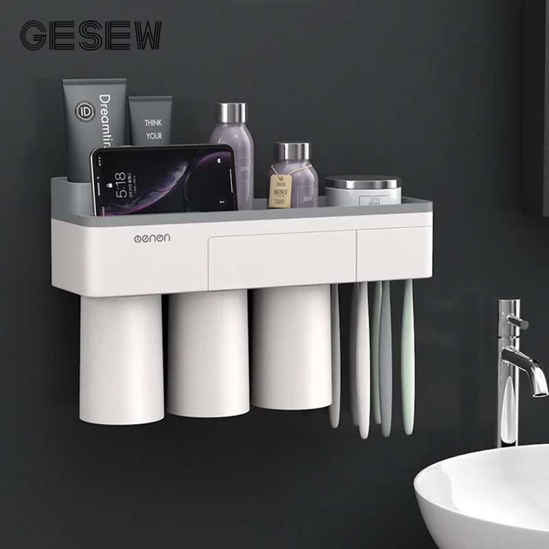 

GESEW Toothbrush Holder Strong Adsorption Magnetic Cup Waterproof Free Punching Toothbrush Home Frame Bathroom Accessorie Set