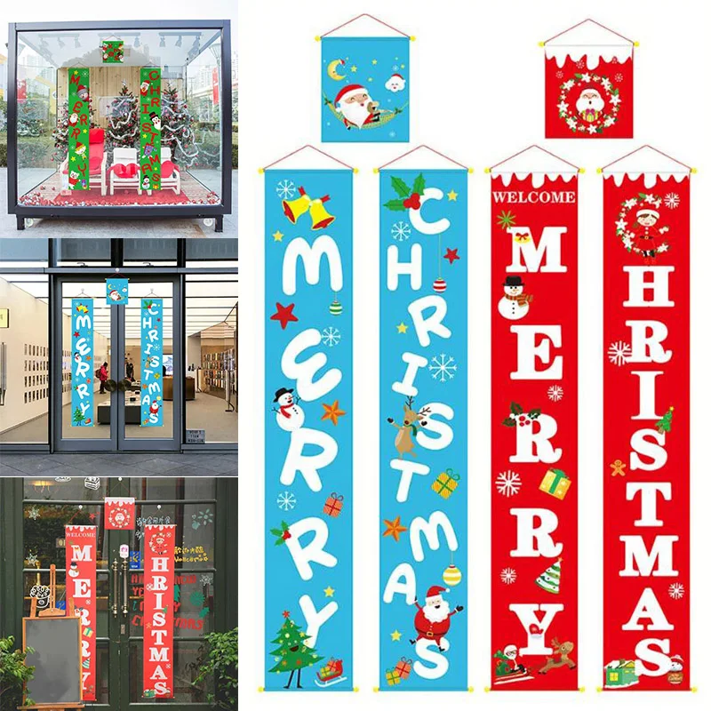 

3pcs Merry Christmas Banner Couplet Door Curtain Cloth Welcome Flag Hanging Ornament 2019ing