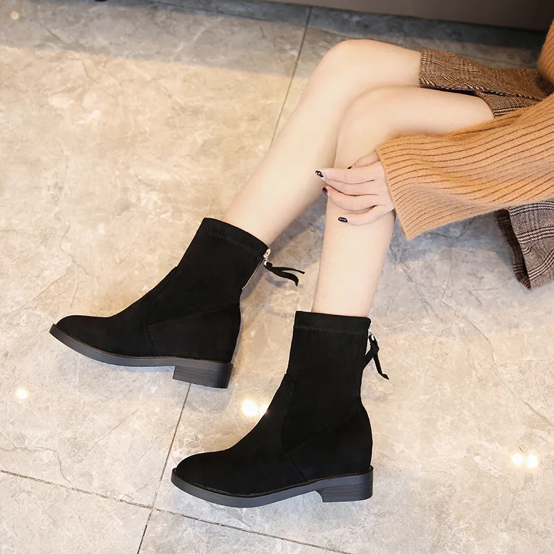

2019 Autumn And Winter New Style round-Toe Suede Short Boots Chunky Heel Wrapped Zipper Elevator Short Boots Women's