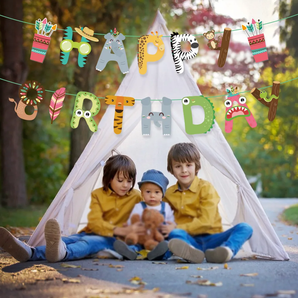

Мультфильм Животные Happy баннеры для дня рождения Baby Shower лесной Животные вечерние украшения индийский животного висячие украшения из флажко...