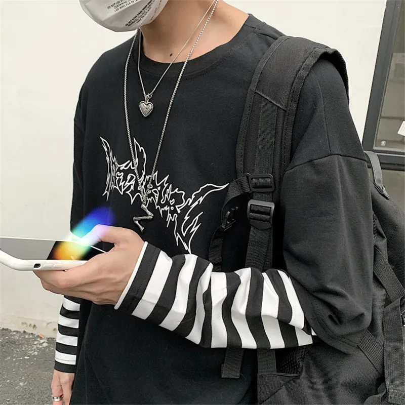 Личи Harajuku в стиле пэчворк полоску Женская футболка Поддельные 2 шт. с длинными