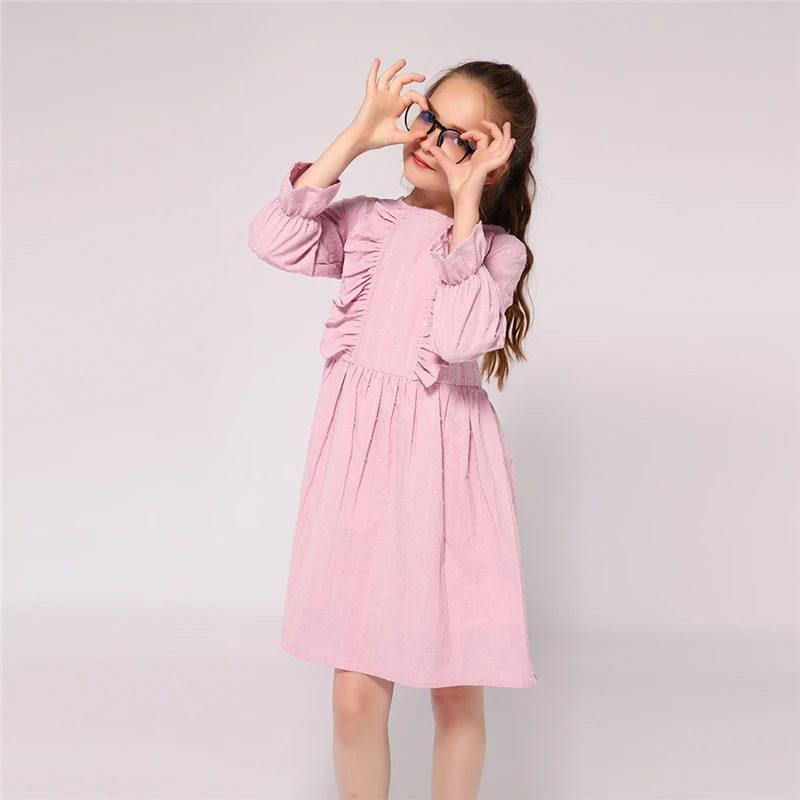 Kseniya Kids/весенне-осеннее розовое платье с длинными рукавами и оборками для девочек Хлопковое Свободное платье для детей от 2 до 9 лет