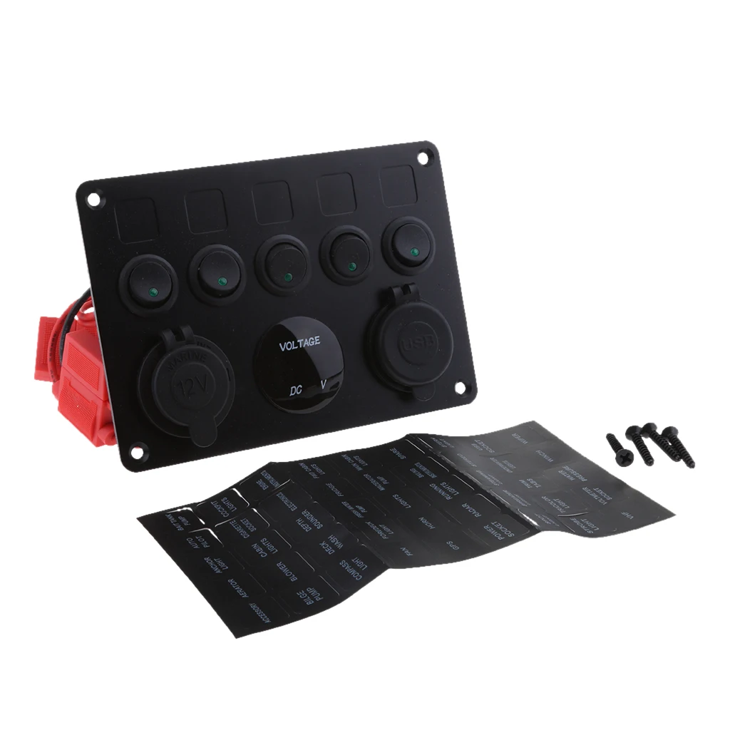 5 Gang On-Off Toggle Switch Multi-Functions Green LED Dual USB Port Charger Voltmeter for Boat Marine Auto