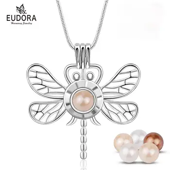

Eudora New Dragonfly Locket Cage Necklace Pendant with Round Pearl Pearl Cage Necklace For women Unique Birthday gift K287N08