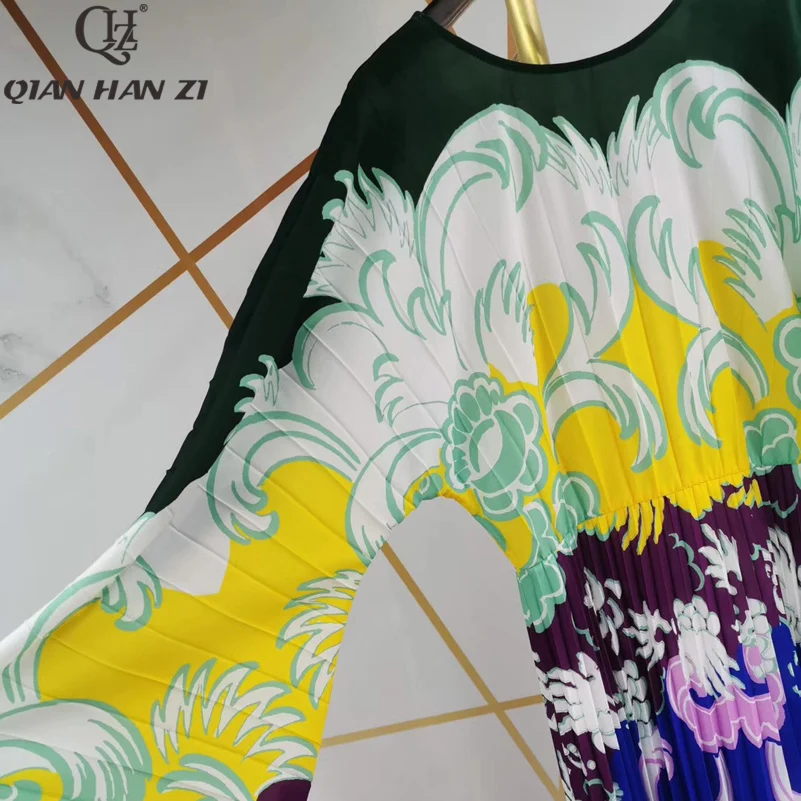 Top Buy bhlS1 Qian Han Zi 2019 Brand Autumn Designer Runway Fashion Maxi Gown Women's Long Sleeve Vintage Print Pleated Long Beach Dress