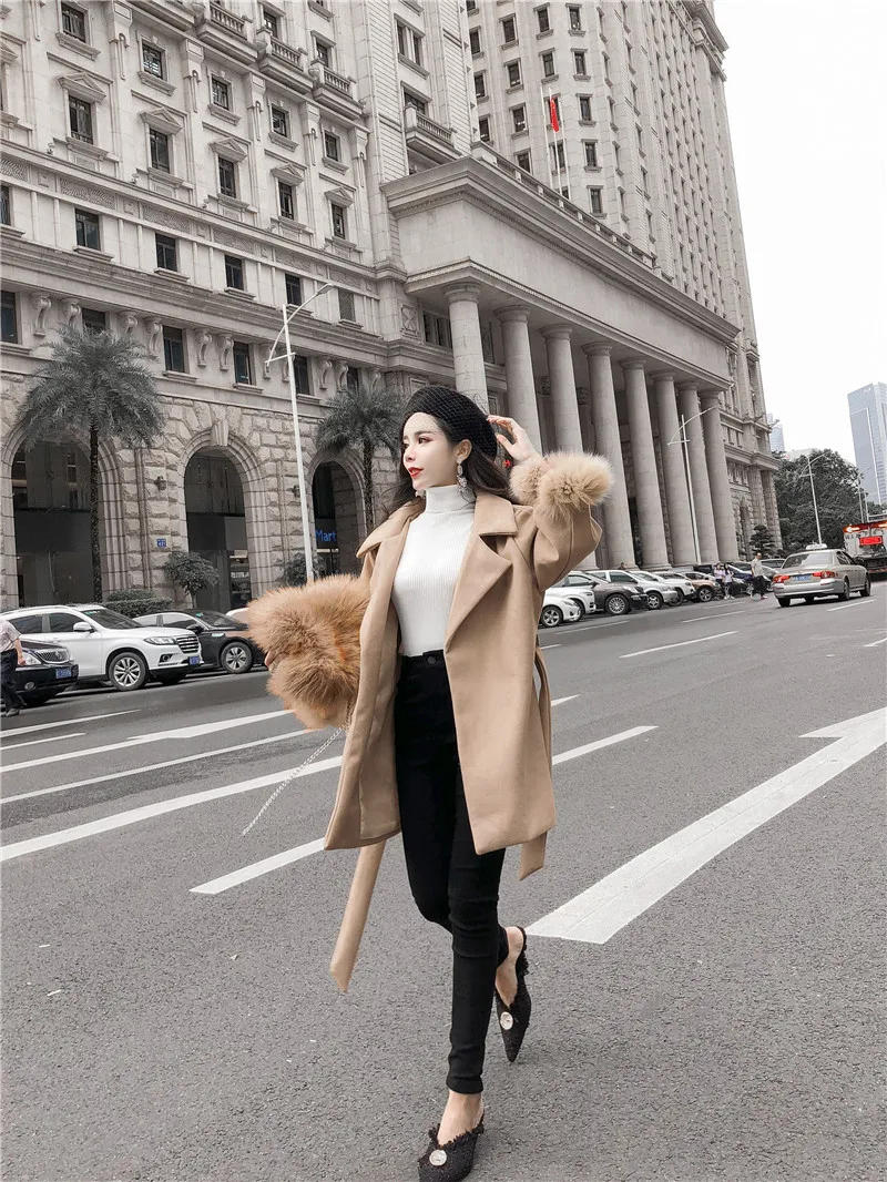 Шерстяное пальто для женщин осенняя одежда-новые продукты корейский стиль отложной воротник на шнуровке Талия обнимает похудение средней длины