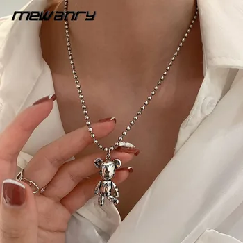 MEWANRY 925 Sterling Silver Sweater Necklace for Women Trendy Elegant Vintage Creative Letter Pattern Bear Pendant Party Jewelry
