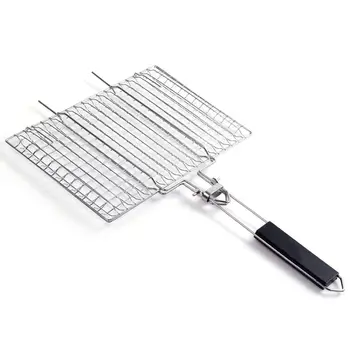 

Portable BBQ Grilling Basket Stainless Steel Removable Wooden Handle
