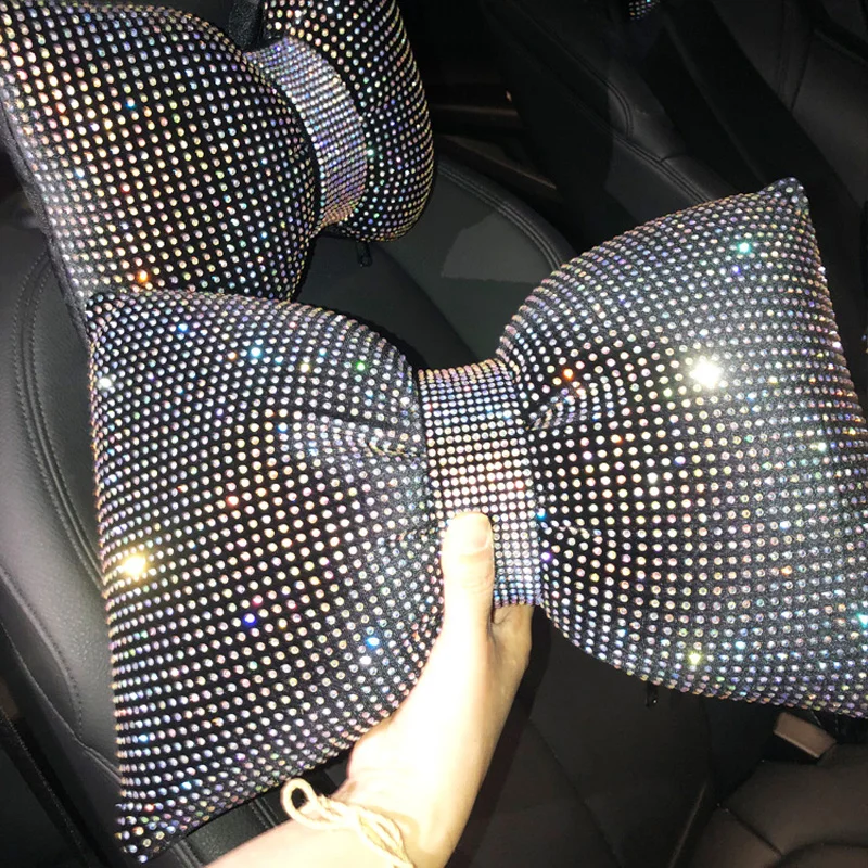 1PC Diamond Crystal Bowknot Car Neck Pillow Rhinestone Auto Headrest Seat Support Waist Pillows Bling Car Accessories for Women