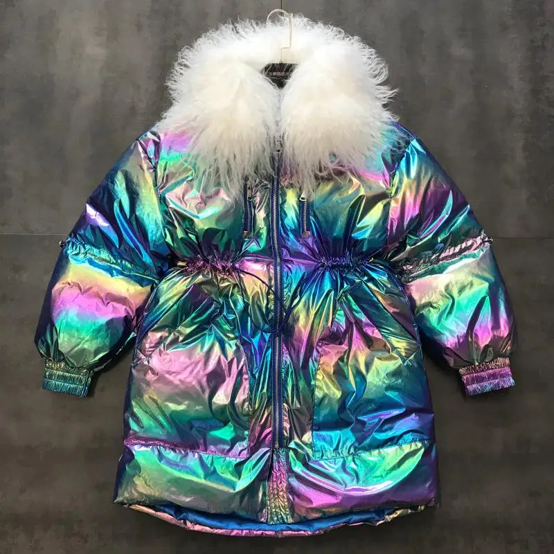new big lamb fur collar colorful waist drawstring drawstring long cotton jacket women tide