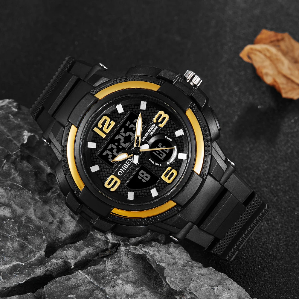 Digital Quartz Men wristwatch Stopwatch LED Dual time Gold Silicone Watch 50M Diving military Alarm clock relogio masculino