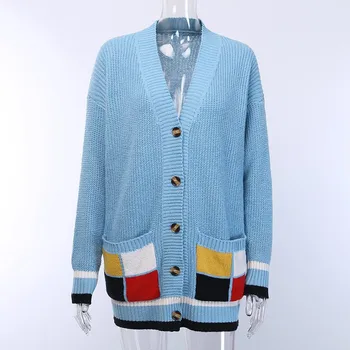 

Women's Sweater Casual Cardigan Contrast Color Pockets Sweaters Women Cardigans Outwear Cotton Warm Button Up Knit Sweater