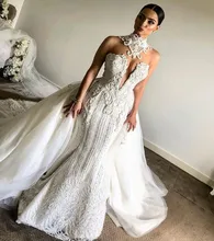 

Luxurious High Neck Mermaid Sleeveless Wedding Dress 2021 Lace Appliques Overskirt Bridal Gown Dubai Свадебное платье