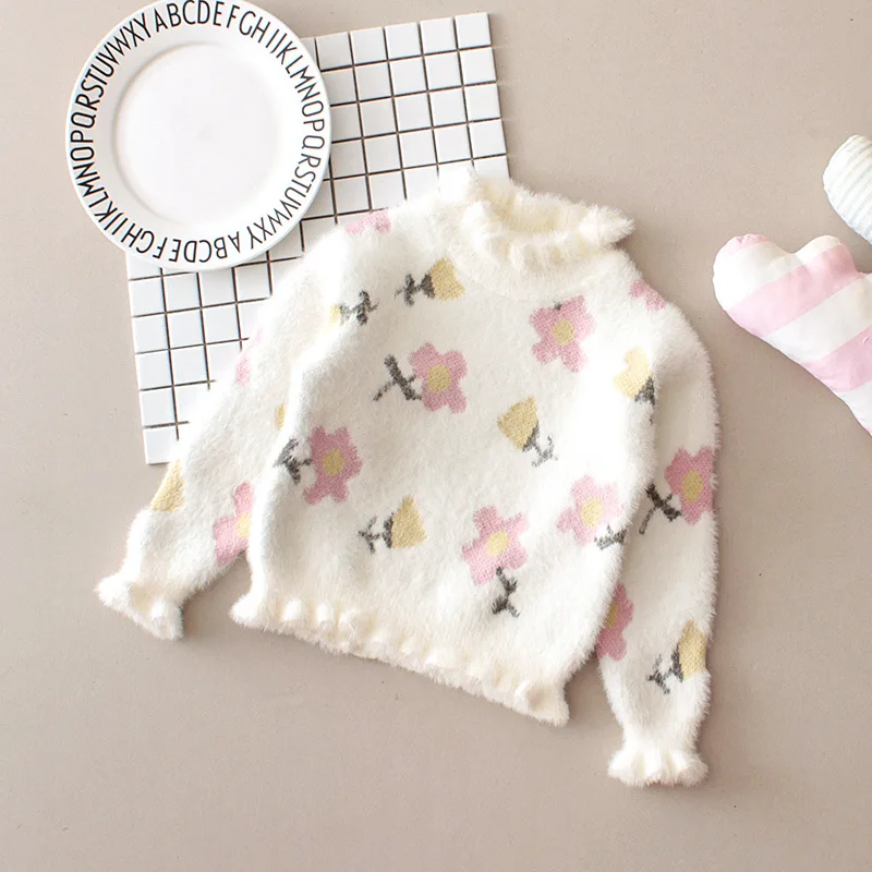 

2019 Autumn And Winter Girls Mink Cashmere Sweater Weep Yafeng Frilled Meng Collar Sweater Small CHILDREN'S Pullover