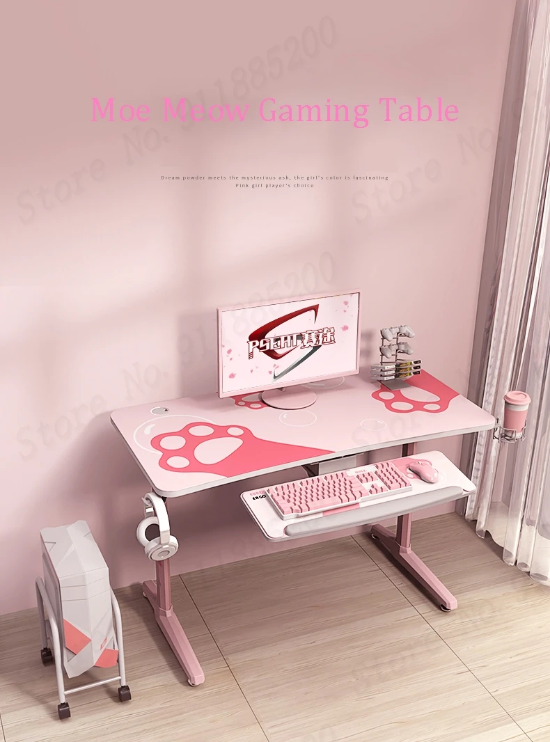 2021 New Pink Gaming Table Girls Bedroom Assembled Computer Desk 120X60X76.5cm Cute Cat Paw Print Desktop Computer Desk Hot Sale