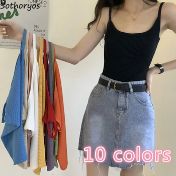 

Tanks Tops Women Solid Sweet Knitted Sleeveless Chic Summer Basic Sexy All-match Leisure Streetwear Womens Tees Colorful Ulzzang