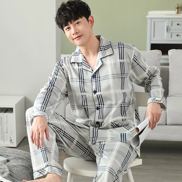 límite Fábula Obligatorio Conjunto de Pijama de algodón completo para hombre, ropa de dormir de manga  larga con cuello impreso, 4XL, para primavera y otoño, 2 piezas _ -  AliExpress Mobile