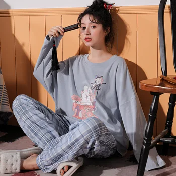 

Cotton autumn and winter new round neck pullover cute long-sleeved girl national style loose comfortable pajamas home