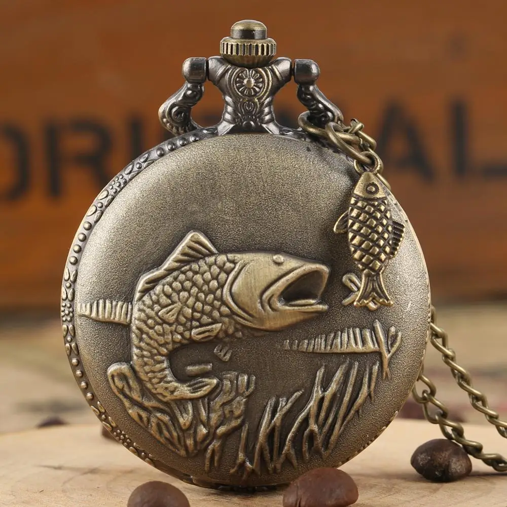 Slim Chain Clock Pocket Watch relogio Montres Big Fish Pattern Case Large White Dial with Arabic 1
