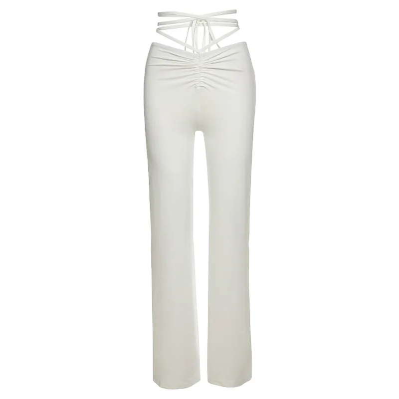 

European and American Style 2020 Summer New Women's High Waist Strap Slimming Straight-Leg Pants Simple All-match Casual Pants