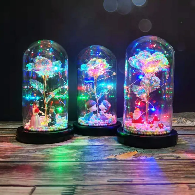 Artificial Plastic Galaxy Rose Flower With LED String Light In Glass Dome On Wooden Base Valentine's Day gift For Wedding Party
