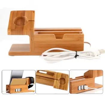 

Multifunctional Bamboo Charging Charger Station Dock Stand Holder With 3 Usb Hub Port Cable For Watch Iphone 8 X 7 6 6S Plus