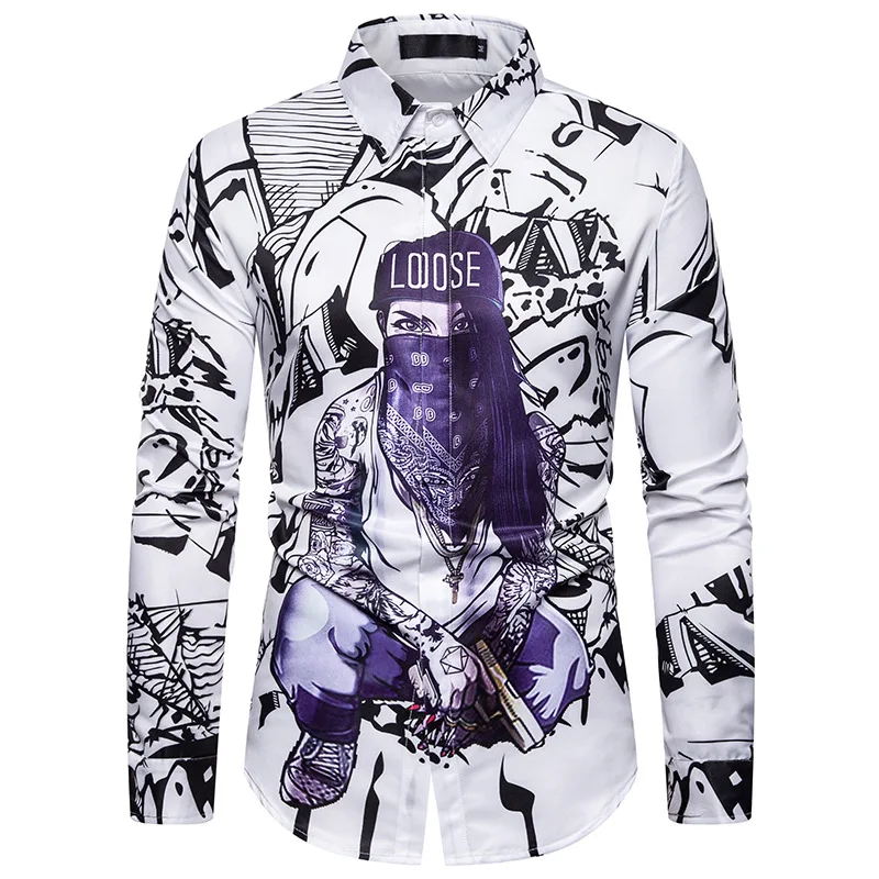 Novelty Men Shirts 2020 Autumn New 3D Print Personality Character Pattern Casual Long Sleeves Artistic Tops | Мужская одежда