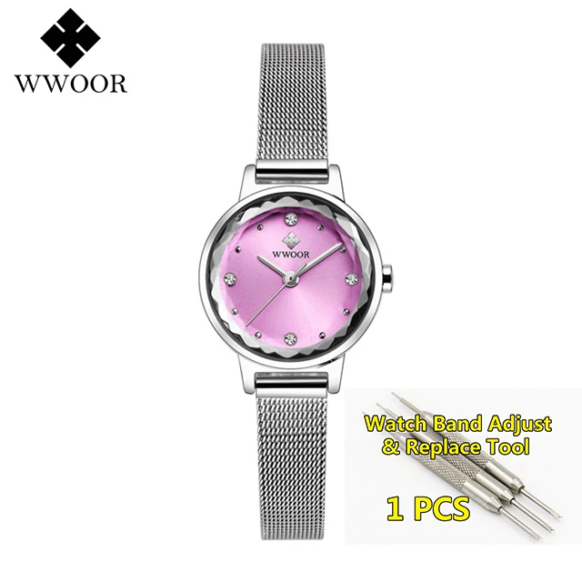 Reloj WWOOR Mujer женские часы Известные Роскошные бренды браслет из нержавеющей стали часы для женщин кварцевые женские часы - Цвет: silver pink