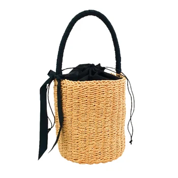 

Handmade Women's Handbag Bucket Straw Bag Female Summer Beach Bags Bohemia Woven Bow Top-handle Tote Knitted Drawstring Basket