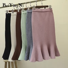 Beiyingni осень-зима Для женщин юбки трикотажные Винтаж Высокая Талия юбки Для женщин s корейский свитер модная теплая русалка юбка миди леди