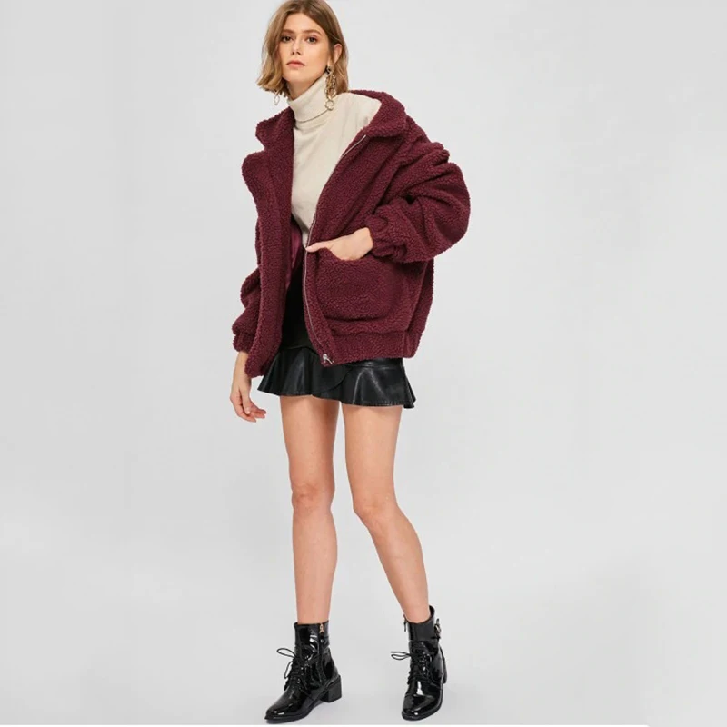 buy Women Loose Casual Plush Coat Solid Color Zip Pocket Jacket Female Short Lapels Warm Jacket Female