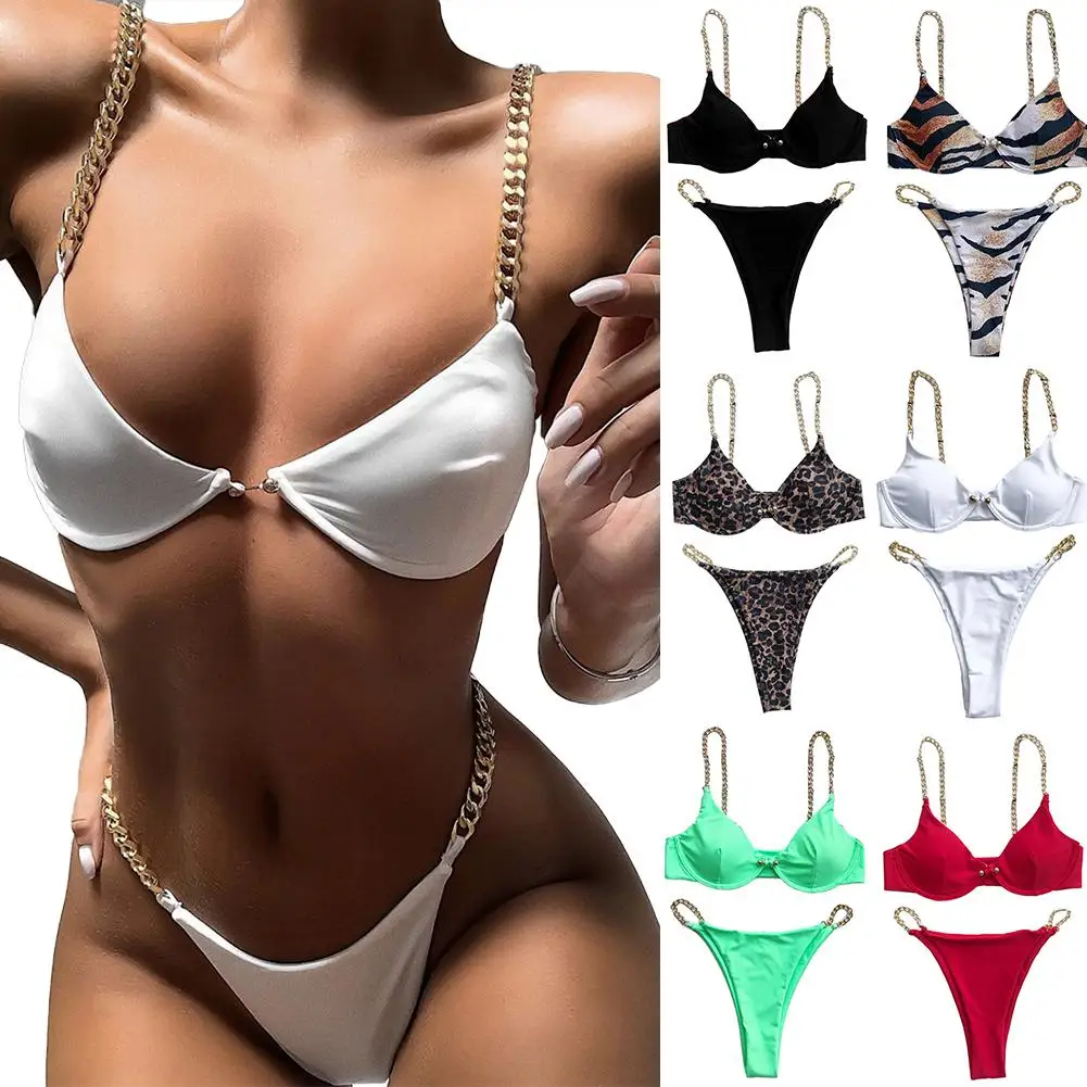 Sujetador de cierre frontal acolchado para mujer, ropa de baño Sexy de Color sólido, Bikini con cadena, bañador 2020
