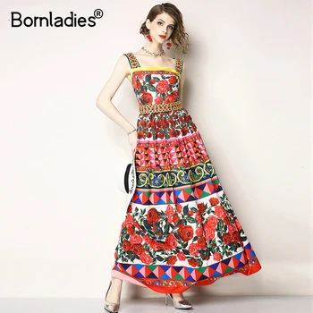 

Bornladies Boho Long Beach Dress Rose Floral Print Summer Dresses Casual Sundresses Women Maxi Dress Runway Robe Ete Femme